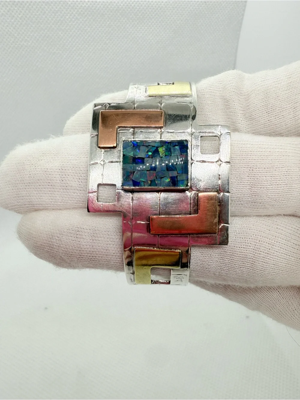 Vintage Modernist Sterling Silver Multi-Tone Inlay Cuff Bracelet